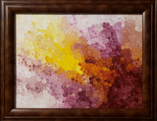 Load image into Gallery viewer, circle brush technique; browns, purples, yellows, and white; perfect combination of vibrant and warm colors; medium brown faux wood frame option accentuates the contrast 
